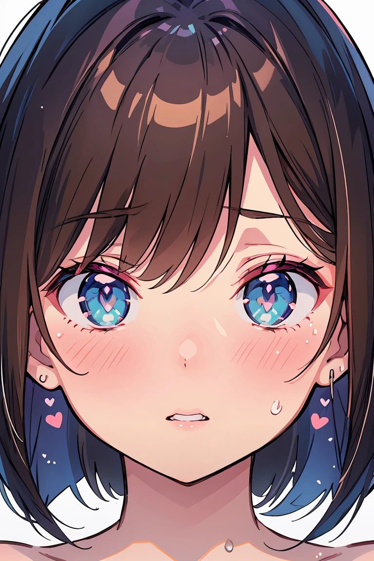 (best quality), (Super detailed), (Best Illustration), (masterpiece), score_9, score_8_up, score_7_up, (4k), (nsfw), (1woman), (full nude), (large breasts), {brown hair, (sideburns), (bob cut:1.3), curly hair, hairs between eyes, colored inner hair}, {(detailed eyes), heart-shaped pupils, blue eyes}, parted lips, embarrassed, nose blush, earring, sweat,