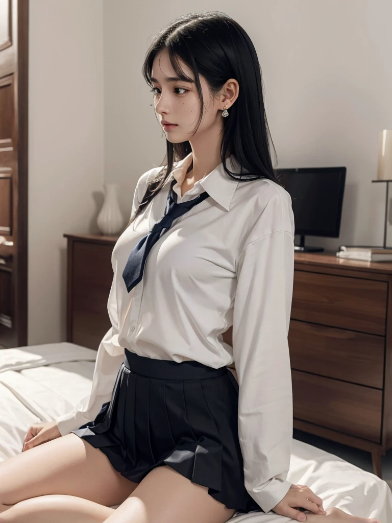 absurdres, RAW photo, extremely delicate and beautiful, masterpiece, Best Quality, ultra high resolution, 32k, hyperrealistic, ultra-detailed, perfect figure, in her 20s, very small head, very small face, delicate facial features, tearful mole, earring, huge breasts, legs, full body shot, medium hair, black hair, colored inner hair, sweat, school_uniform,