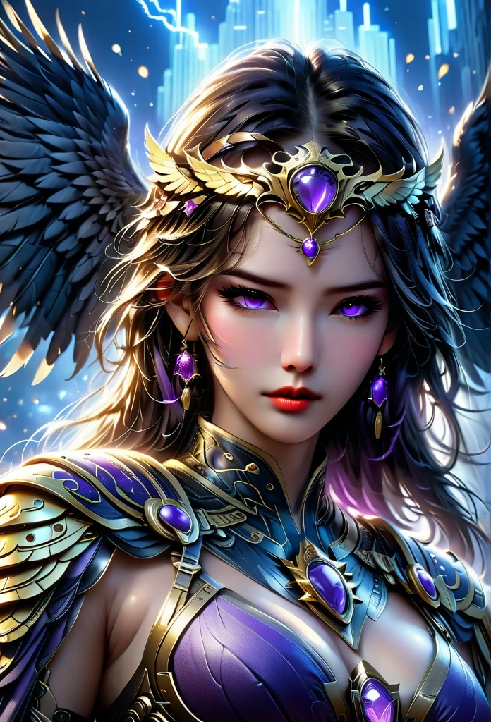 Eagle Falcon Warrior，Eagle head mask，eagle eye，Eagle's Beak， An eagle warrior with an eagle falcon face and wings stands in front of the city of darkness,Close-up of falcon，Huge wings glittering， Beautiful and elegant Falcon King,（（best quality））， （（masterpiece））， （high detail：1.3）， 3d， Machine gun in hand，（cyberpunk characters：1.2） special operations， ，（armed：1.1）， Bulletproof vest， raincoat， number （Camouflage： 1.3）， high dynamic range（high dynamic range）， Ray tracing， nvidia RTX， ultra high resolution， Unreal 5， subsurface scattering， PBR texture， Post-processing， Anisotropic filtering， depth of field， Maximum clarity and sharpness for any layer texture、Albedo and reflection maps、surface coloring、Accurately simulate the interaction of light with materials、ideal proportions、Render by Octane、Dual color lighting、Large aperture、Low ISO、white balance、rule of thirds、8K raw data、Effective subpixel、sub-pixel convolution、 epic fantasy art, and Mumford Tom Bagshaw., Ominous fantasy illustration, Diablo Number concept art, Lei Zhenzi is on the dedication list, The head is a falcon， Purple skin under the armor, Thunder Demon, epic fantasy art style, Purple skin under the armor, Detailed number 2D fantasy art, epic fantasy art style HD, 8K fantasy art, King of Birds