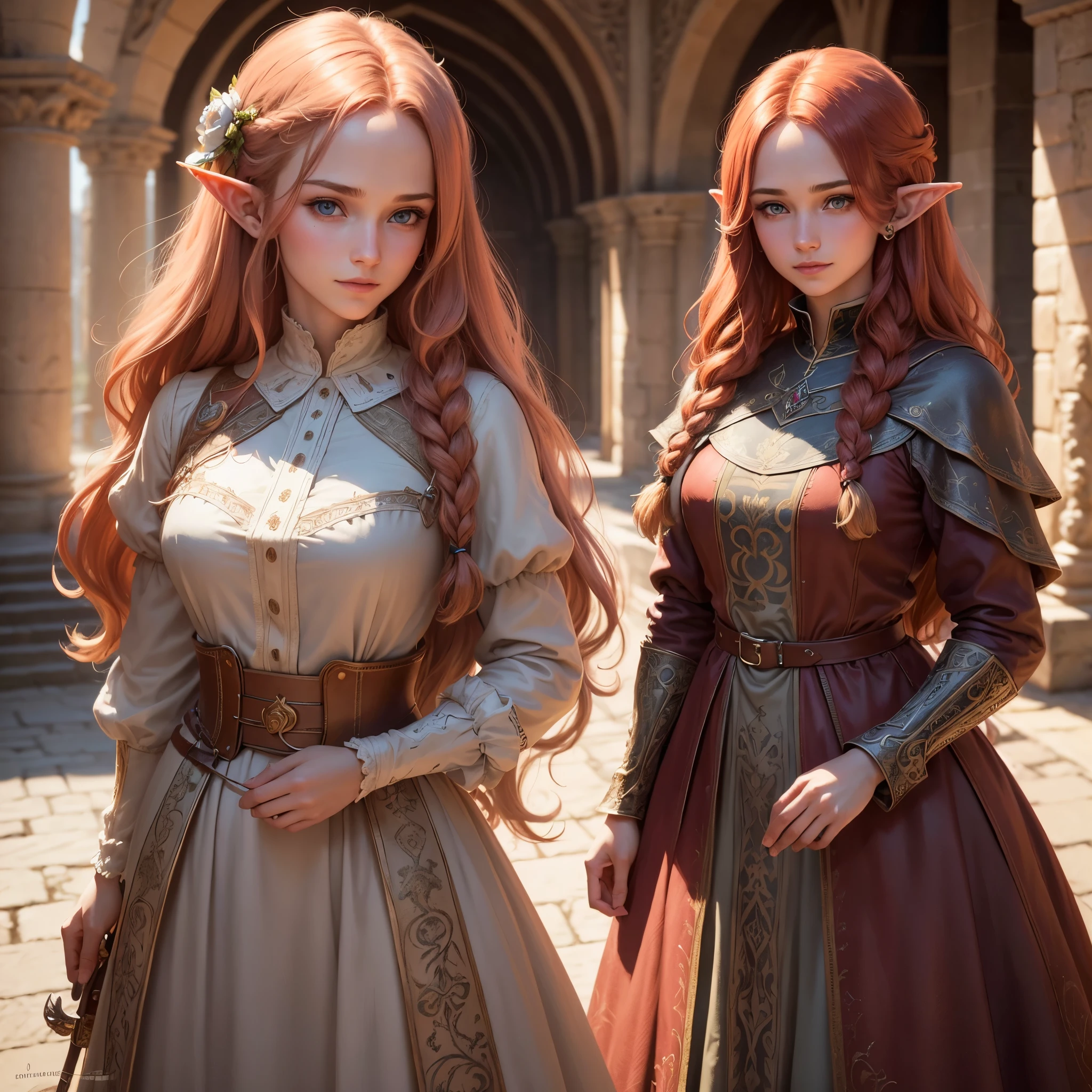 sup((best quality)), ((masterpiece)), (detailed), Prize-winning works, with incredible details, maximum textures and details, supHD ,8K,super resolution ,depth of field, retina, masterpiece, anatomically correct, textured skin, super detail, high details, highres ,an elf ,wearing medieval dress with lots of details1 Medieval female fantasy RPG elf,hair in the wind,very long light red hair wavy braid ,((hair,)),shy smile,similar to the work of JRR Tolkien,longCap ,fully body, hyper-detailed piercing eyes , (25 year old young man :1.1,detailedeyes, face detailed, whole body:1.1,the background is a magnificent castle similar to Castello de Chambord ),(best qualityer:1.2,ultra detali:1.1,realisitic:1.37) ,eyeshadows,sharp focus,swirly vibrant colors,)