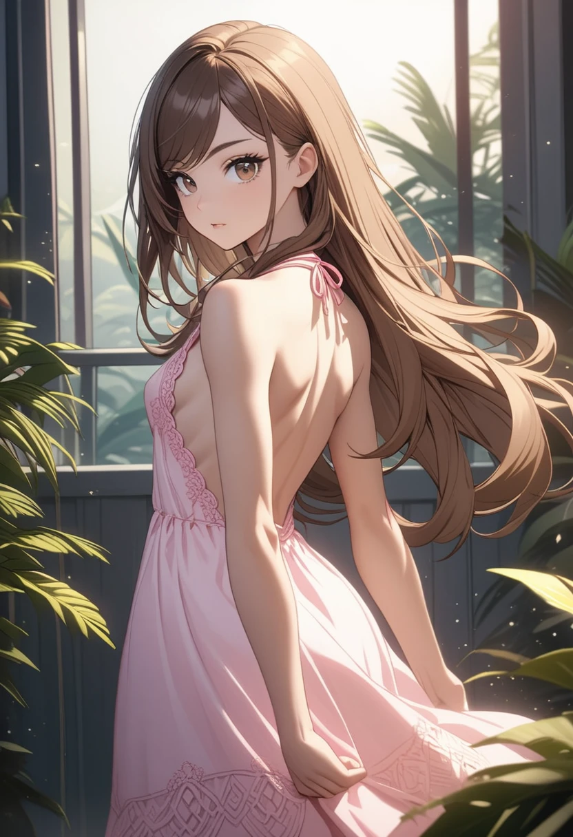 light particles, soft lighting, volumetric lighting, intricate details, finely detailed, ung woman, solo, brown hair, very long hair, swept bangs, brown eyes, long eyelashes, thick eyelashes, looking at viewer, pink summer dress with thin straps tied behind neck, backless dress, brown belt, dagger sheathe, toned arms, small breasts, tropical, balcony background, morning, plants, from behind,