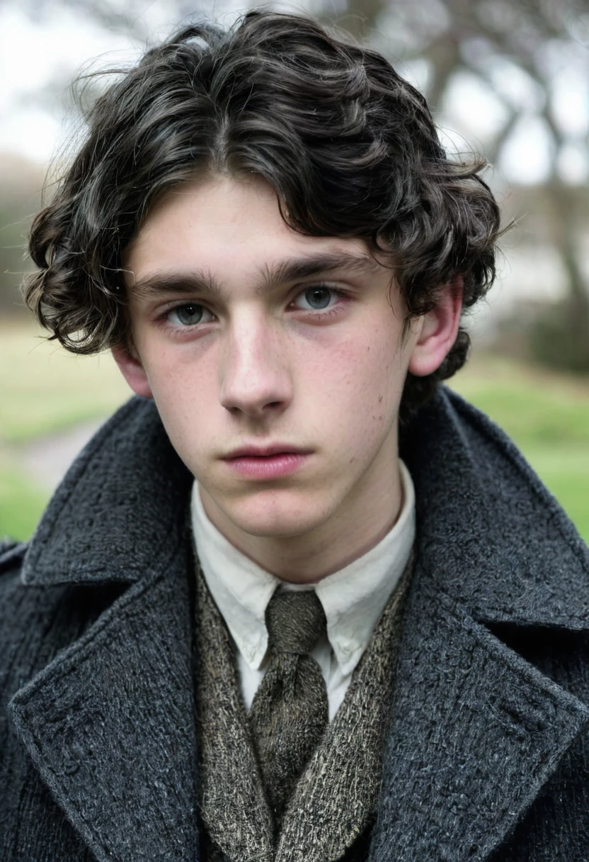 A thin lowborn young man from the victorian age. He is 19 years old. He looks nervous and is average looking. He has short black hair that’s kept in a sidepart, but his hair is also slightly curly. He is thin and his skin is pale. He is dressed in a winter suit.