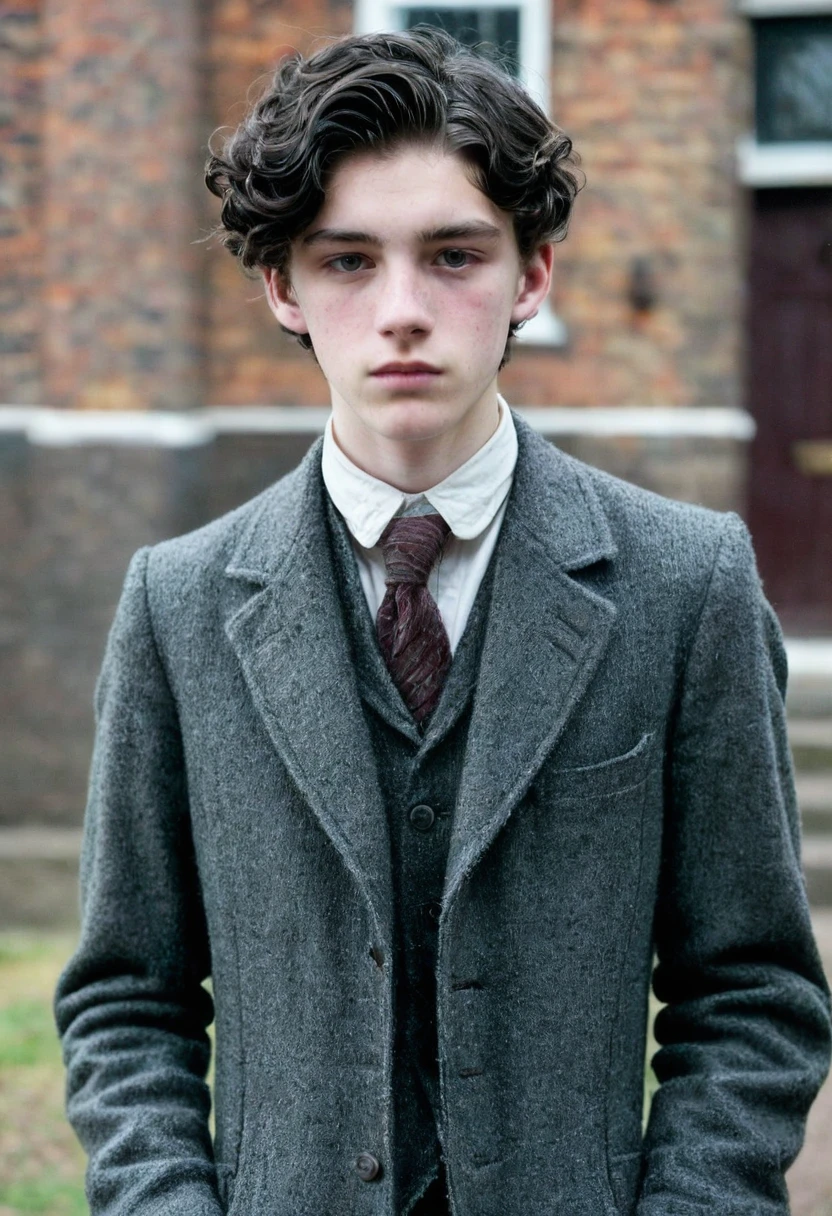 A thin lowborn young man from the victorian age. He is 19 years old. He looks nervous and is average looking. He has short black hair that’s kept in a sidepart, but his hair is also slightly curly. He is thin and his skin is pale. He is dressed in a winter suit.