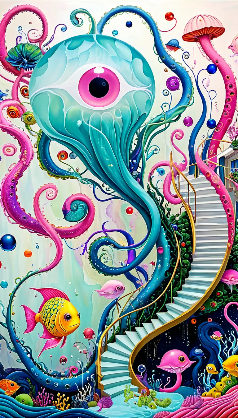 &quot;Dick Ellescas Artist Style&quot;,章fish热气球，Tentacles瀑布，粉色美人fish、fish，Tentacles，bird、Eye、Bubble Squeeze、autistic patient、diatom，Spiral Staircase，Stitching together an abstract painting，Describing the inner world of autistic people，Sense of space，White Space，interesting，Innocence，Psychedelic Art，Pink theme