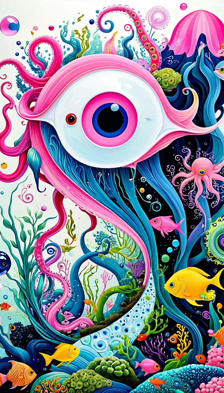 "Dick Ellescas Artist Style",cabin on cliff,Tentacles瀑布,fish,Tentacles,Eye、diatom,Stitching together an abstract painting,Describing the inner world of autistic people,Sense of space,White Space,interesting,Innocence,Psychedelic Art,Blue Theme