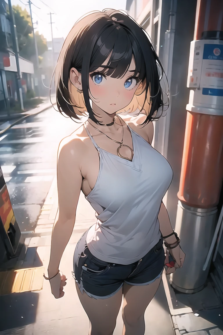 (best quality), (Super detailed), (Best Illustration Award), (masterpiece), Fraction_9, Fraction_8_Direction_7_up, (4K), (Not suitable for working hours), (1 female), (Completely naked), (Large Breasts), {Brown hair, (temple), (Bob Cut:1.3), curls, Hair between the eyes, Colored undercoat}, {(Delicate eyes), heart-shaped pupils, blue eyes}, Open your mouth, Awkward, Red and swollen nose, earrings, Sweat,full-body shot,Short shorts