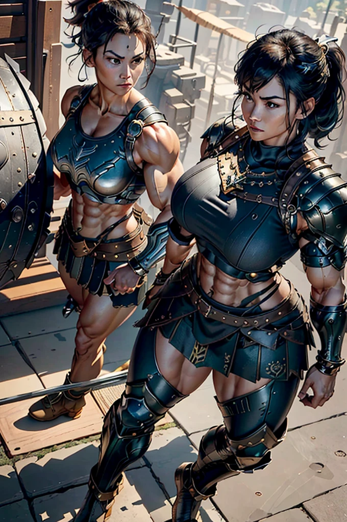 (Best lighting) , (Very intricate details) , 4K Integration, (Super fine CG: 1.2) , (8K: 1.2),(original), (masterpiece) , (Highest quality),(masterpiece:1.4),((Full images))、Photo quality,(masterpiece),masterpiece, Highest quality, Absurd,((Masterpiece, 4K, 8K, High resolution)),(masterpiece), (Highest quality), (Super detailed), (Very delicate and beautiful), ((Full body image 1:1.5)), 1 female, The face of a 40-year-old Western woman、A beautiful, well-balanced face、 ((A woman with a muscular body like a male bodybuilder)),((Huge muscular physique))、((A 200cm tall woman))、Giants Women、((Beautiful woman)),((Woman warrior)),45 year old mature woman, Wearing Valkyrie Metal Armor、((Metal armor that resembles a thick chest and abdominal muscles))、((Metal armor covering the upper body))、mini skirt、Valkyrie's Helmet、Very strong legs、((Long boots with pin heels))、((kneehigh boots))、Has a huge spear、Medieval streetscape,Strength and elegance,Solemn atmosphere,((The Queen's Appearance))、((The Strongest Queen of Mankind))、(Huge muscular physique),((Protruding veins))、((A woman with a toned chest like a male bodybuilder))、Raised trapezius muscle、very thick neck、((Strong arms with bulging biceps))、A muscular chest、Six-pack、((Thick thighs with bulging muscles))、Exposed thighs、((Bicep-like calf muscles))、Overflowing with incredible strength、Muscles bulging out from under the force of force all over the body、Black Hair、ponytail、A commanding presence,Poses that show off their monstrous power,Model standing、Standing with dignity、Vibrant colors,Down to the smallest thread,Impressive level textures,Sharp focus,((A strong Valkyrie captain)),((A powerful Valkyrie captain)),