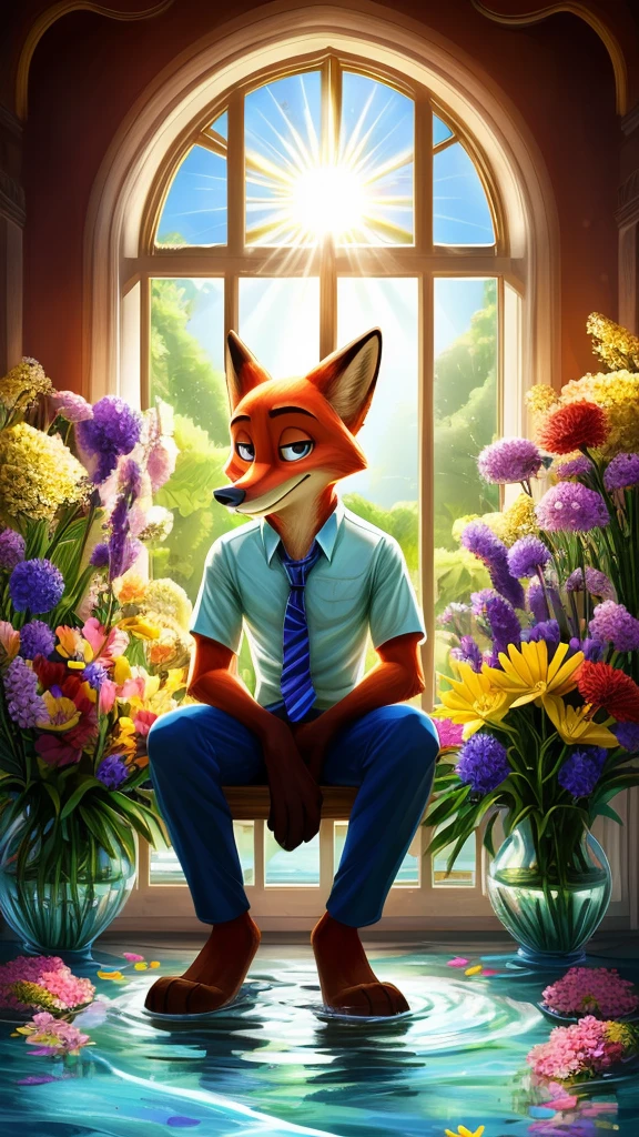standing alone (nick wilde) shirt blue, camisa flowersal havaiana, blue pants, necktie,
(sitting down, retrato de meio corpo, Three-quarter view, gazing at viewer),
(illuminated room, White window, plantar, flowers, water, lighting sun, bright white light:1.25)