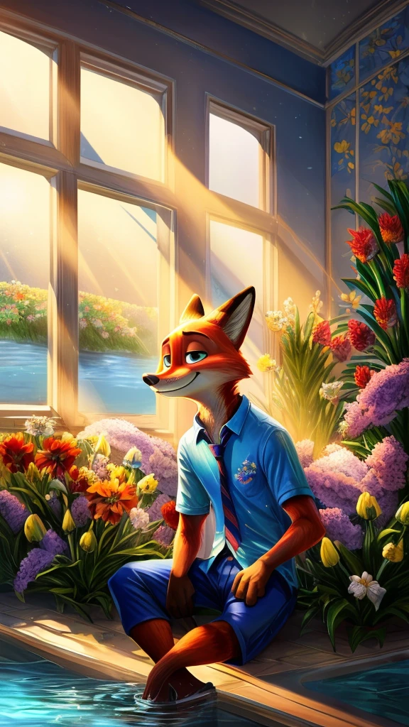 standing alone (nick wilde) shirt blue, camisa flowersal havaiana, blue pants, necktie,
(sitting down, retrato de meio corpo, Three-quarter view, gazing at viewer),
(illuminated room, White window, plantar, flowers, water, lighting sun, bright white light:1.25)
