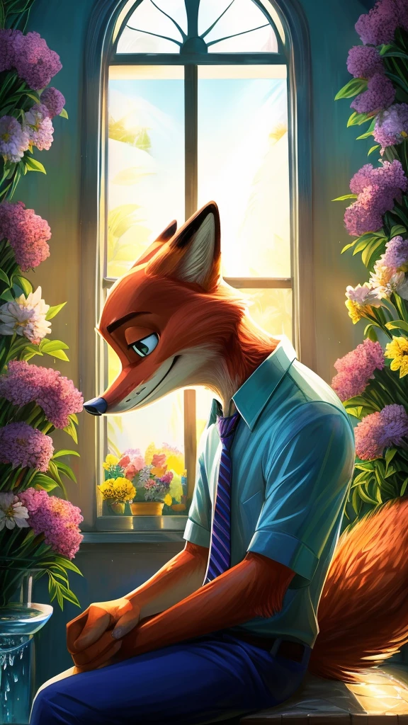 standing alone (nick wilde) shirt blue, camisa flowersal havaiana, blue pants, necktie,
(sitting down, retrato de meio corpo, Three-quarter view, gazing at viewer),
(illuminated room, White window, plantar, flowers, water, lighting sun, bright white light:1.25)