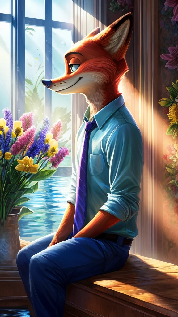 standing alone (nick wilde) shirt blue, camisa flowersal havaiana, blue pants, necktie,
(sitting down, retrato de meio corpo, Three-quarter view, gazing at viewer),
(illuminated room, White window, plantar, flowers, water, lighting sun, bright white light:1.25)