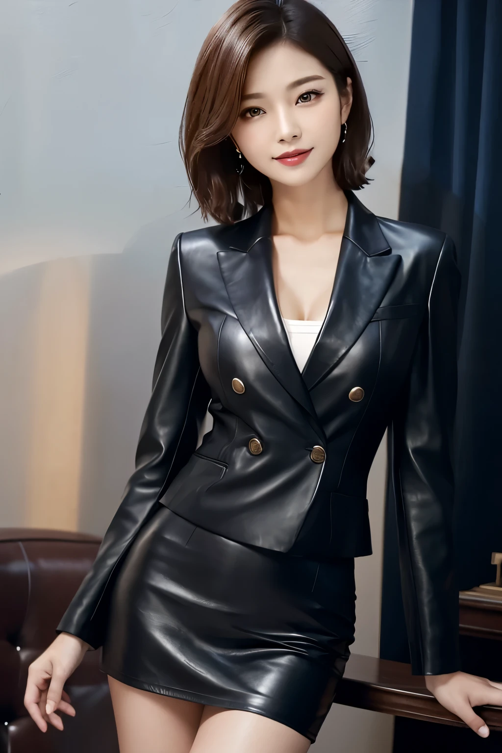 masterpiece、Highest quality、High resolution、Realistic、Beautiful Skin、Slim style、Medium chest、short hair、Full Body Shot、formal,black、 Leather business suit、Double breasted blazer、Leather tight skirt、
