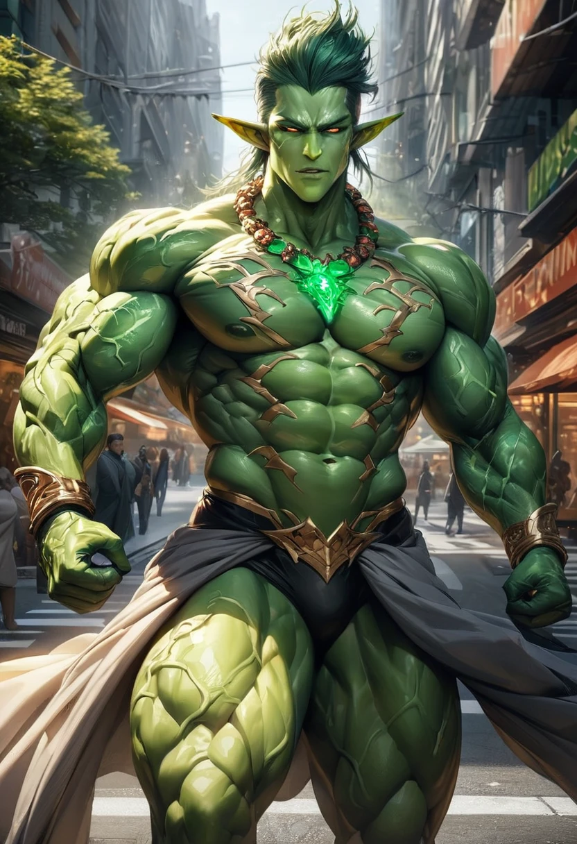 (((intricate design))) (((top quality))) (((16K))) (((High Definition))) 16K splash art (((photorealistic))) high-res, ultra sharp, ((masterpiece)), ultra-realistic, the best quality, expressive eyes, perfect face, mesmerising eyes, perfectly detailed anatomy (((Volumetric lighting))) (((natural lights))) (((sunny))) (((1Male))) (((Bodybuilder))), (((muscular))), (((hyper pecs))) there is a sexy mature man with green paint on his body, slick shaved sides hairstyle, ((thighs)) bodily fluids, round butt, green coloured skin, gay, green skin! (((green coloured skin!!))), (((green skin))). (((green-skinned))), (((elegant robes))) ((green skin with scales)), ((green skin)), windy, (((in a city))), (((greenish skin))) plantation on the male body, fluorescent green skin, radiant orange eyes, windy, leaves falling (((a powerful nature deity))), elf ears, druid magic, cell-shaded adult animation, green gem necklace, hot reptile muscular humanoid man, scales, muscular green body. Glowing veins, nature spirit, (((superhero suit))) long sash, in the busy city streets,