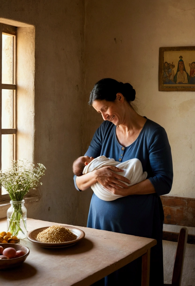 Joaquim, at 35 years of age, is next door, tenderly holding the newborn Maria in her arms. They are in a simple interior space, illuminated by a soft light that enters through a narrow window. Ao fundo, you see a table with basic foods and a vase of simple flowers. Mother is smiling with motherly love, while Mary, wrapped in simple fabrics, sleeps peacefully in his parents' arms. The scene conveys the calm and welcoming atmosphere of a family united by the Hebrew faith., highlighting the spiritual connection and love between Joachim and his daughter Mary.