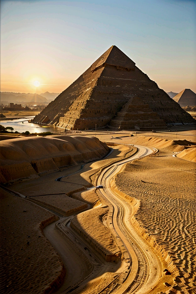 Show images of the Pyramids of Giza and the Nile River.