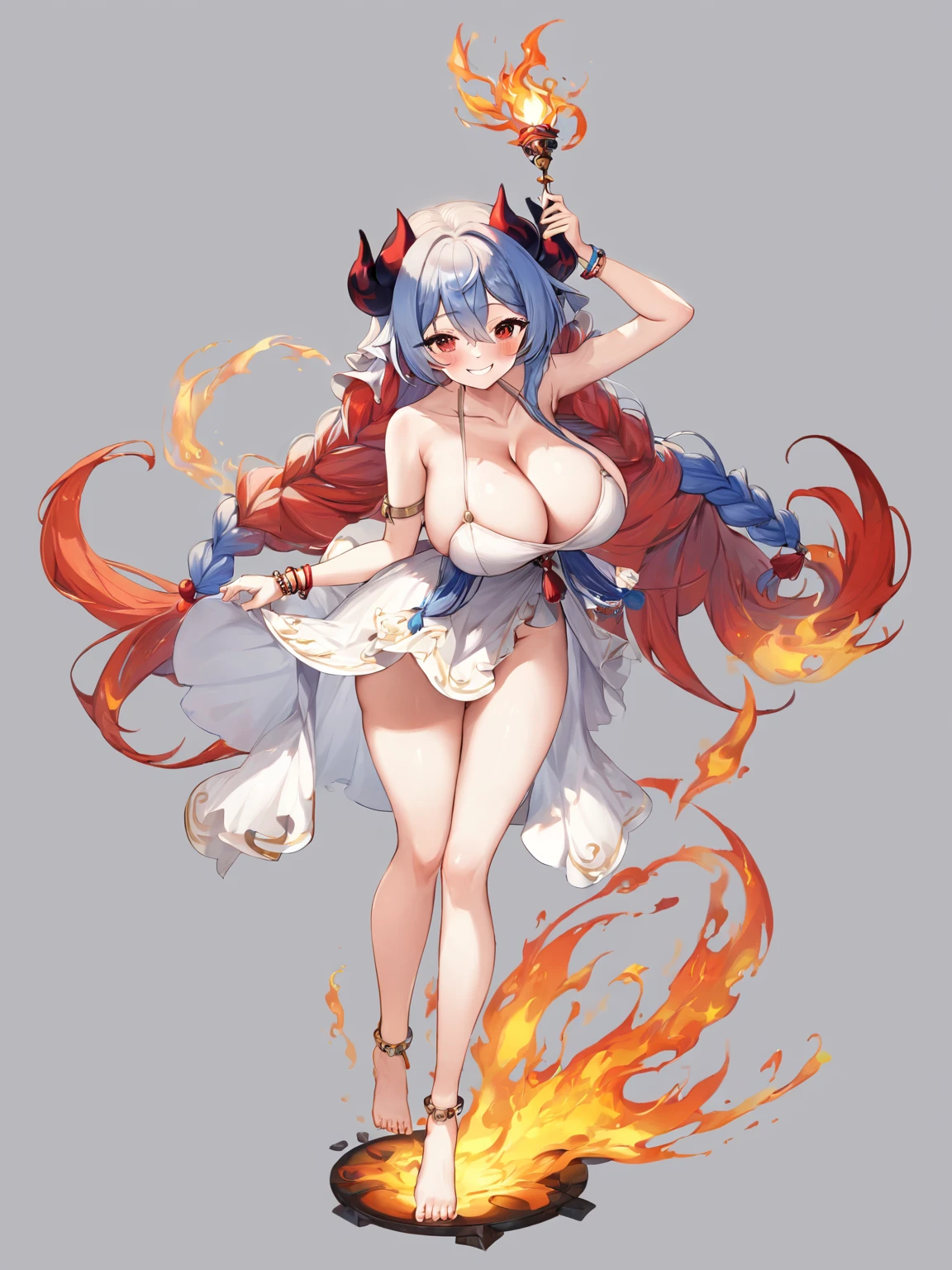 1girl, breasts, solo, Blue Fire, horns, long hair, jewelry, grey background, large breasts, bLue hair, barefoot, bracelet, simple background, cleavage, smile, red eyes, dress, looking at viewer, full body, anklet, hair ornament, armlet, braid, bare shoulders, hair between eyes, standing on one leg, white dress, bare legs, bangs, pelvic curtain, collarbone, sideboob, standing, tassel, closed mouth, no panties, blush