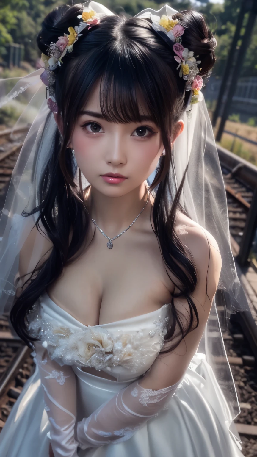 (((Pixel Perfect, Perfect details))), Solitary, 1 girl，bride, Yuigahama Yui， Keep your mouth shut，pink glossy lips,穿著bride禮服的特写,Gulwitz, (((bride頭紗)))，（Transparent short veil），blush，Eyeshadow，Blushing face，Flower head，headgear，((Bouquet))，((((tube top wedding dress))))，(((Strapless Wedding Dress))),(Bare shoulders)，Pure white dress，(((necklace)))，((earrings))，(large breasts:1.3)，Bangs，Lipstick，((White long elbow gloves)),Half-length photo,High Detail RAW Color Art,White long skirt,There is a railway track next to it，(standing on the railroad tracks:1.3),18 years old, （Long twin tails：1.5）,(Double bun:1.5), night,Rainy Day