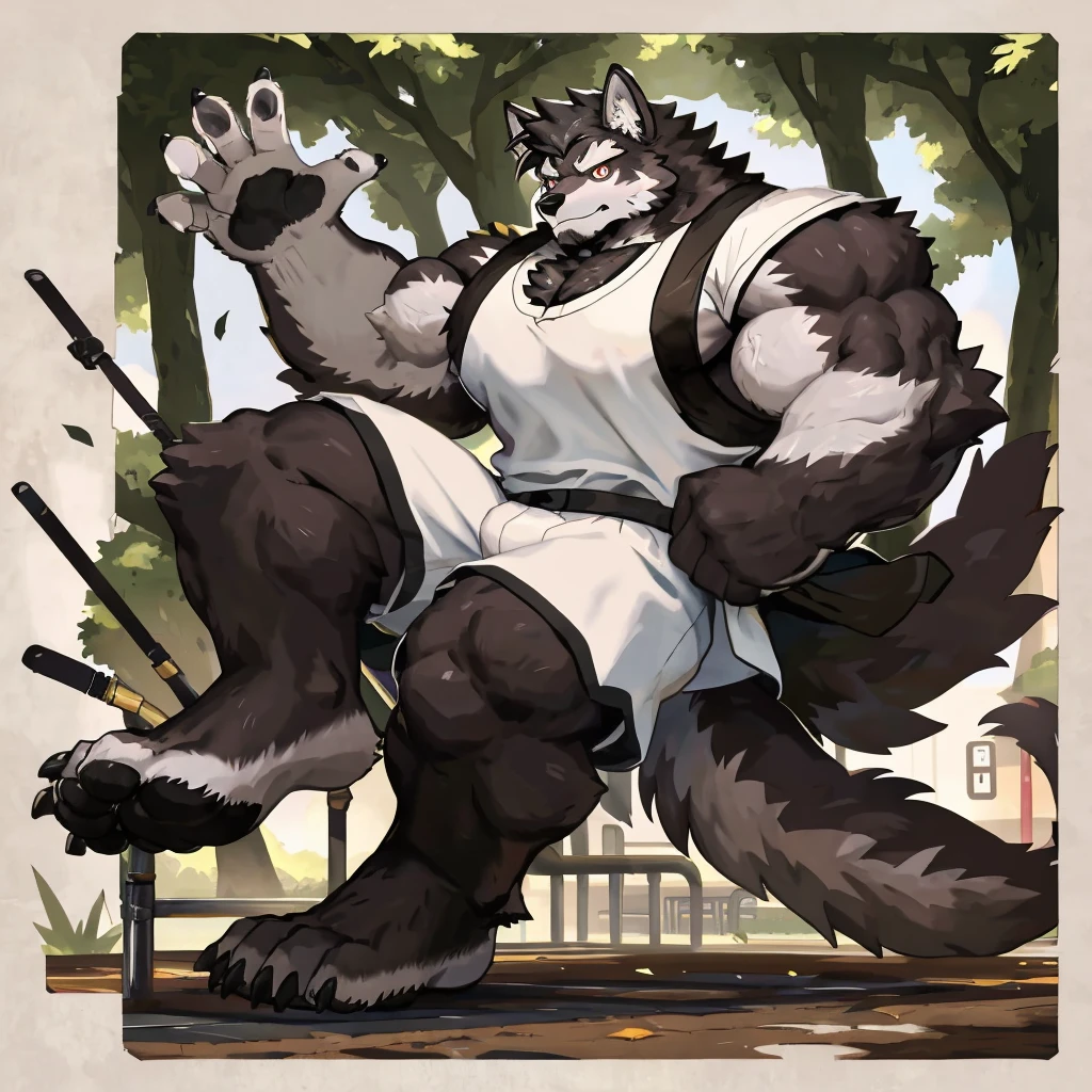 (Strong arms),(Strong legs),masterpiece, best quality, Official Art, Extremely detailed CG unified 8k wallpaper, Ultra Detailed, Best Illustration, , Ink fur, hairy male, Wolf Boy, hairy, Ink fur, 1 Boy,, male focus,, Striped hair, Wolf ears, Animal ears, Single speaker, Ink fur, Bangs, dark hair, White highlights, Medium Hair, Solitary, Ink tail,hairy尾巴,(Black pupil),High target,(In a school playground),,barefoot,(Sexy),((High target and strong)),side,(Delicate eyes:1.2),Inky eyes,male,Solitary,(Inky pupils),(Detailed face),(Sharp eyes),Permanent,(Detailed hands),(Foot details),aldult,type,Moderate,Long legs,(Detailed fingers),(Delicate eyes),(White shirt),(Black shorts),easy,(muscle)