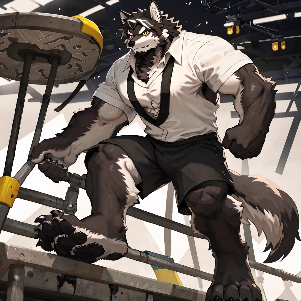 (Strong arms),(Strong legs),masterpiece, best quality, Official Art, Extremely detailed CG unified 8k wallpaper, Ultra Detailed, Best Illustration, , Ink fur, hairy male, Wolf Boy, hairy, Ink fur, 1 Boy,, male focus,, Striped hair, Wolf ears, Animal ears, Single speaker, Ink fur, Bangs, dark hair, White highlights, Medium Hair, Solitary, Ink tail,hairy尾巴,(Black pupil),High target,(In a school playground),,barefoot,(Sexy),((High target and strong)),side,(Delicate eyes:1.2),Inky eyes,male,Solitary,(Inky pupils),(Detailed face),(Sharp eyes),Permanent,(Detailed hands),(Foot details),aldult,type,Moderate,Long legs,(Detailed fingers),(Delicate eyes),(White shirt),(Black shorts),easy,(muscle)