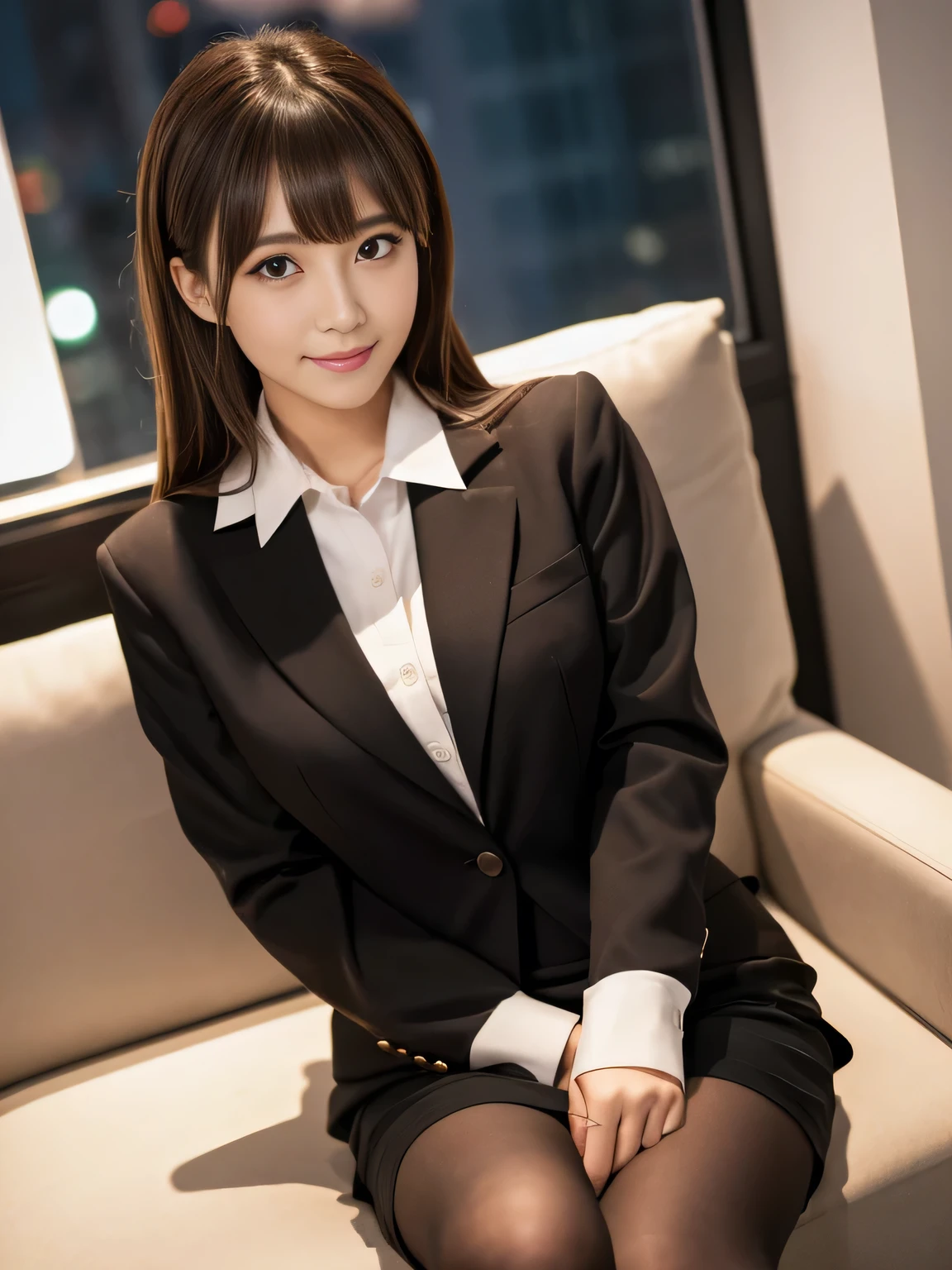 1girl, Solo, Black pantyhose, Brown eyes, Looking at Viewer, (office lady suit), sit on sofa, Brown hair, medium hair, messy hair, asymmetrical bangs, Black jacket, (collared white shirt), Black tight skirt, Long sleeves, Suit, Formal, Smile, a beauty woman, 8K, high resolution, Raw photo, (masutepiece:1.2), (Best Quality:1.2), Realistic, Photorealsitic, Sharp Focus, moody lighting, Night time, Japanese idol, tall,