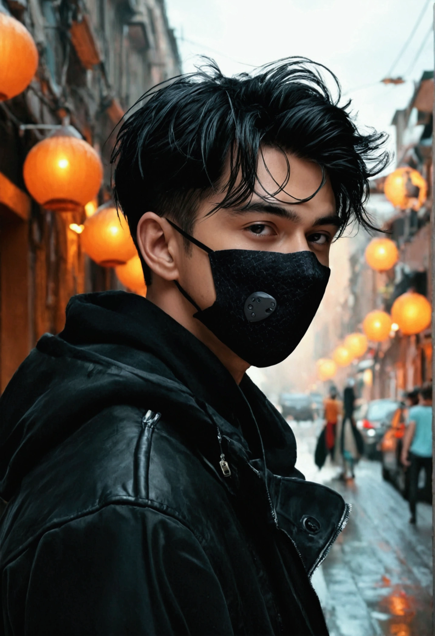 8k, Realistic photo of handsome Young Cute men ,street , black mask , cars protocol