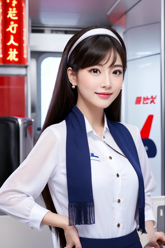 A diligent train attendant, engaged in selling merchandise to passengers. Dressed in a neat uniform, the attendant is focused on his or her task, displaying goods or interacting with a customer. The setting is inside a train, possibly in a dining or merchandise car, with visible details of the train's interior. The scene should be as realistic as a high-resolution photograph, with natural and even lighting that highlights the professionalism and dedication of the attendant,gmakig,<lora:mamagigi:0.75>