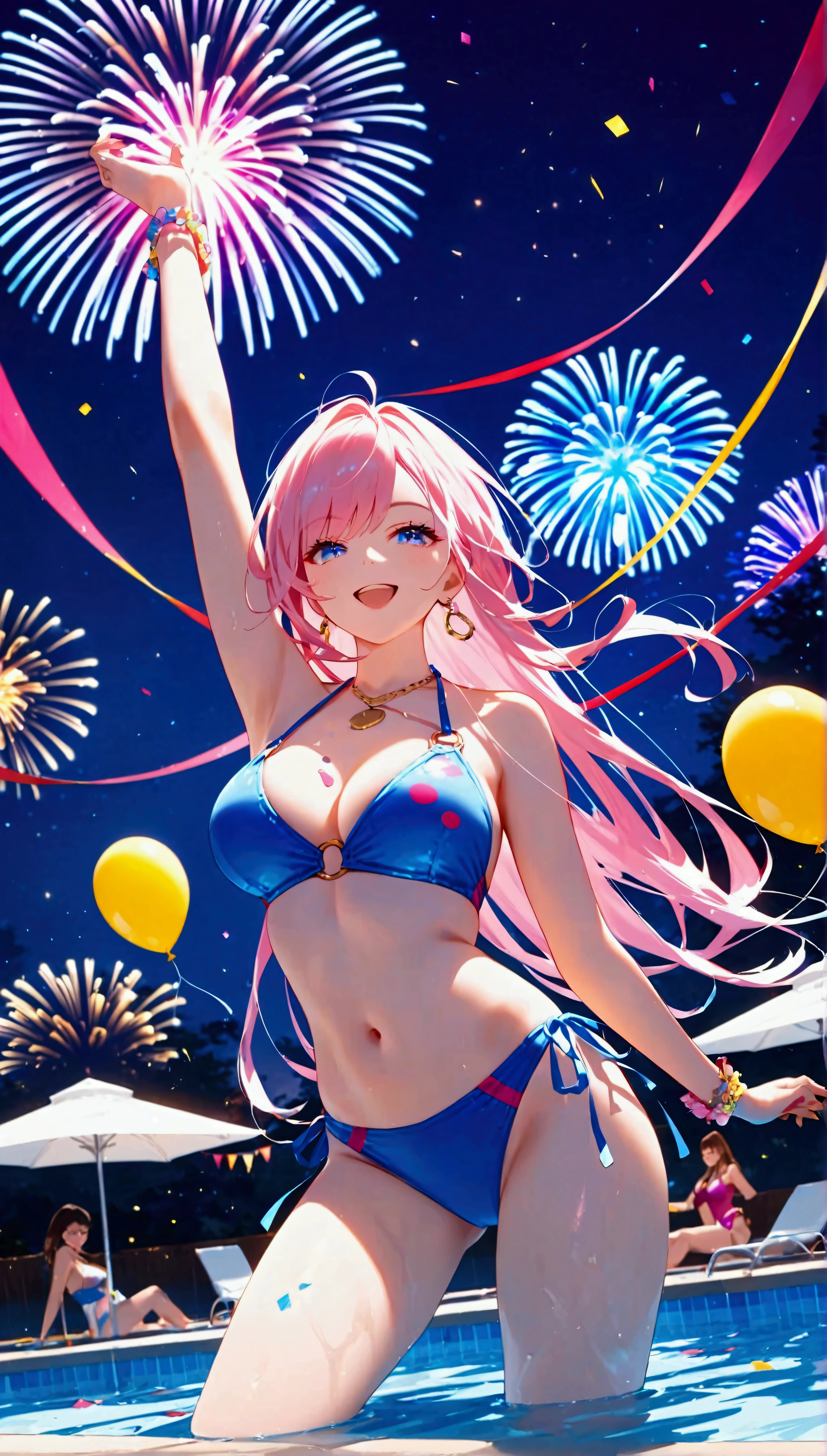score_9, score_8_up, score_7_up, score_6_up, masterpiece, top quality, best quality, official art, beautiful and aesthetic, anime_source, centered, cinematic scene,Group of woman swimming in a pool, multi ethnics, diverse, pool party, balloons and confetti, cakes everywhere, vibrant colors, night, fireworks, epic composition, epic proportion, 8K, Expressiveh