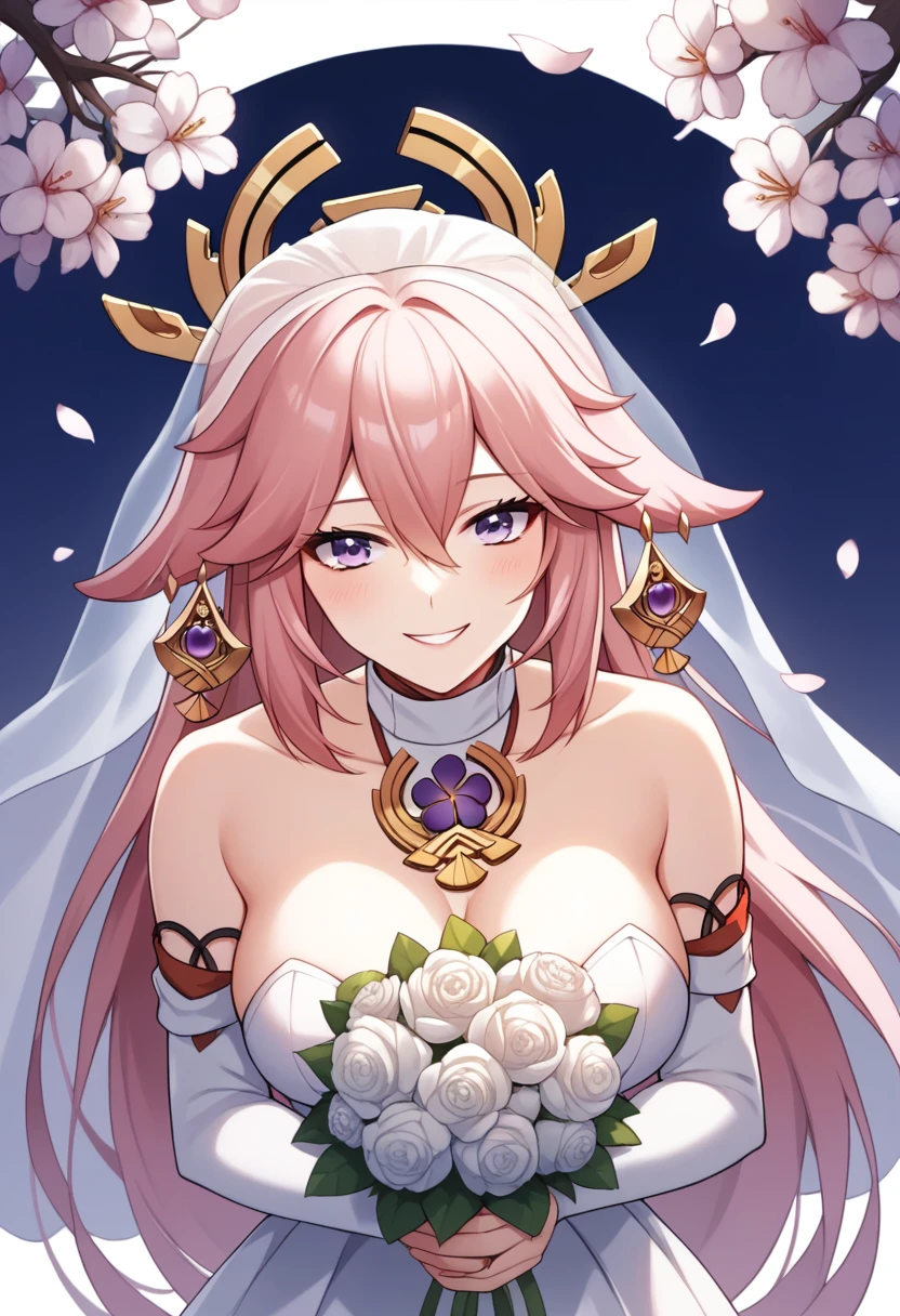 {
    "character": "Yae Miko from Genshin Impact",
    "setting": "outdoor, under falling cherry blossoms, wedding dress",
    "details": {
        "hair_color": "pink",
        "eye_color": "purple",
        "expression": "soft smile",
        "pose": "standing, holding a bouquet of flowers",
        "outfit": "white wedding dress, intricate lace details",
        "accessories": "white hat, floral hairpiece"
    },
    "style": "highly detailed, anime style, soft lighting, romantic atmosphere",
    "modifications": {
        "hair_color": ["pink"],
        "eye_color": ["purple"],
        "expression": ["soft smile"],
        "pose": ["standing"],
        "outfit": ["wedding dress"]
    }
}
