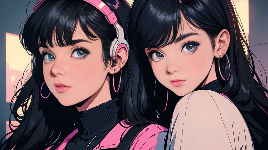 lofi, Battle DJ girl in HIPHOP fashion wearing DJ headphones, High resolution,Super detailed,Realistic,Portraiture,White women,18-year-old,Black Hair, bangs,Hazel Iris,Toned Up,Physically slim,Realistic proportions,Anatomically correct,university student,smile, Pink Cheeks; Intimate distance,Dark soft lighting,hiphop girl,Neon Hair,Textured Trim, (masterpiece,Highest quality),