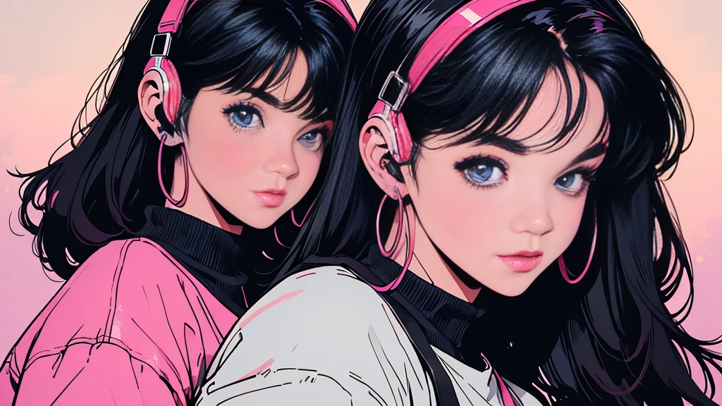 lofi, Battle DJ girl in HIPHOP fashion wearing DJ headphones, High resolution,Super detailed,Realistic,Portraiture,White women,18-year-old,Black Hair, bangs,Hazel Iris,Toned Up,Physically slim,Realistic proportions,Anatomically correct,university student,smile, Pink Cheeks; Intimate distance,Dark soft lighting,hiphop girl,Neon Hair,Textured Trim, (masterpiece,Highest quality),