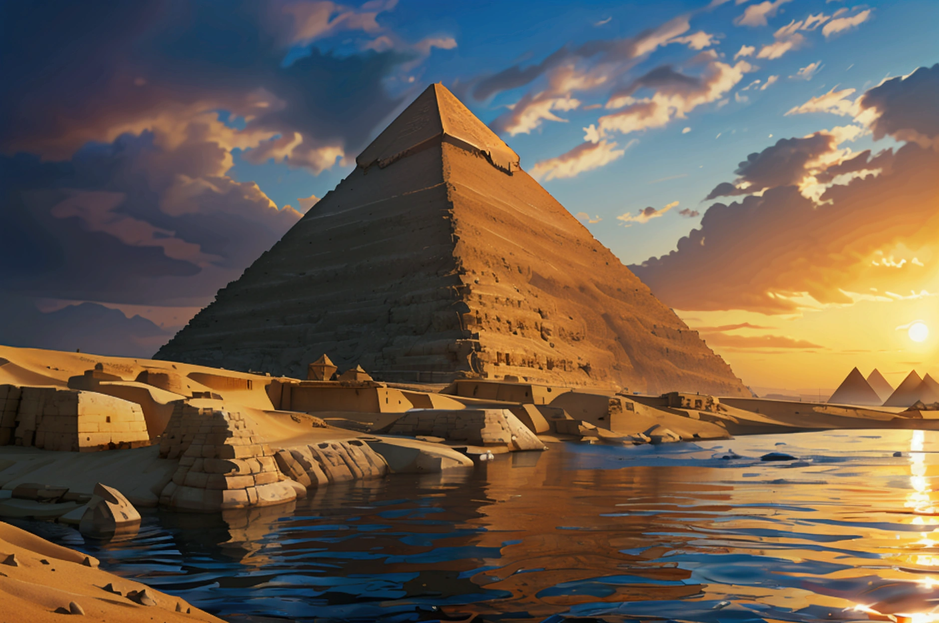 Show images of the Pyramids of Giza and the Nile River.