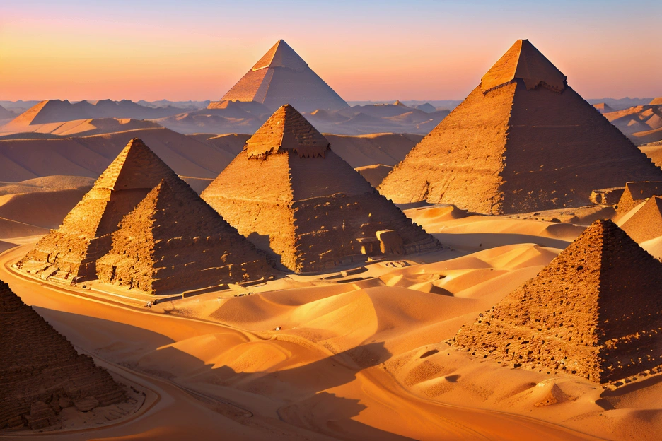 Show images of the Pyramids of Giza and the Nile River.