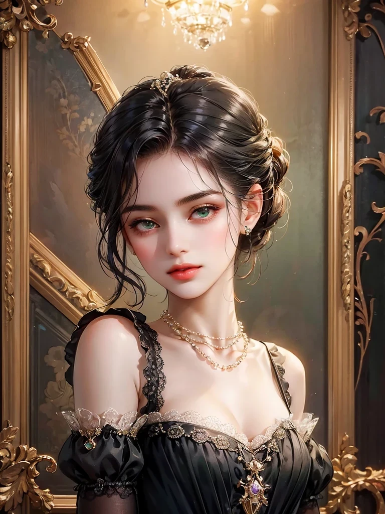 She has a black lace shoulder strap.