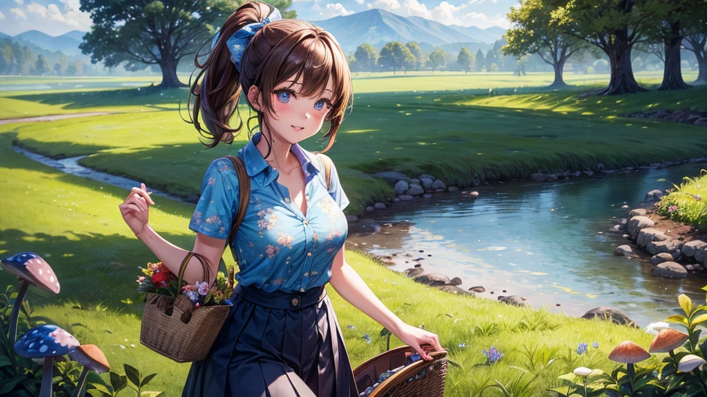 1girl, solo, rural landscape, stream, trees, sun, clouds, fantasy, hut, mushroom, basket with bread, path, brown hair, ponytail, large breasts, button down shirt, ((blue floral pattern shirt)), ((short sleeved shirt)), ((unbuttoned shirt)), unbuttoning buttons, cleavage 1:3, blue eyes, dark skirt, smile, looking at the viewer, standing, hair ribbon, golden necklate, glowing eyes, parted lips