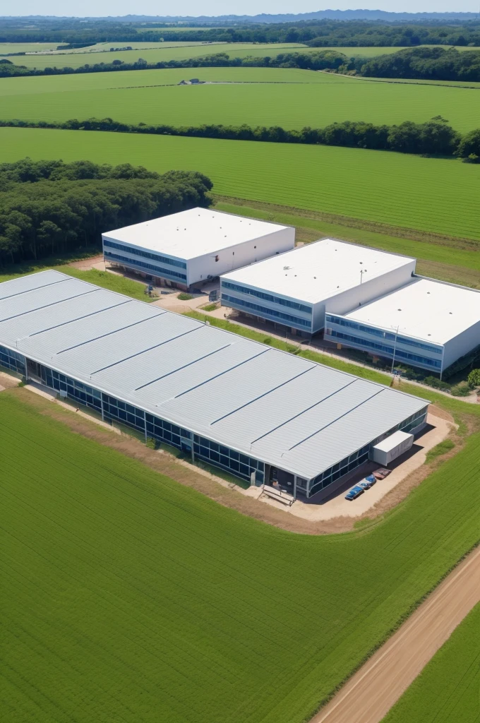 A company building located in a field, with the company logo "EcoMaterias" 
