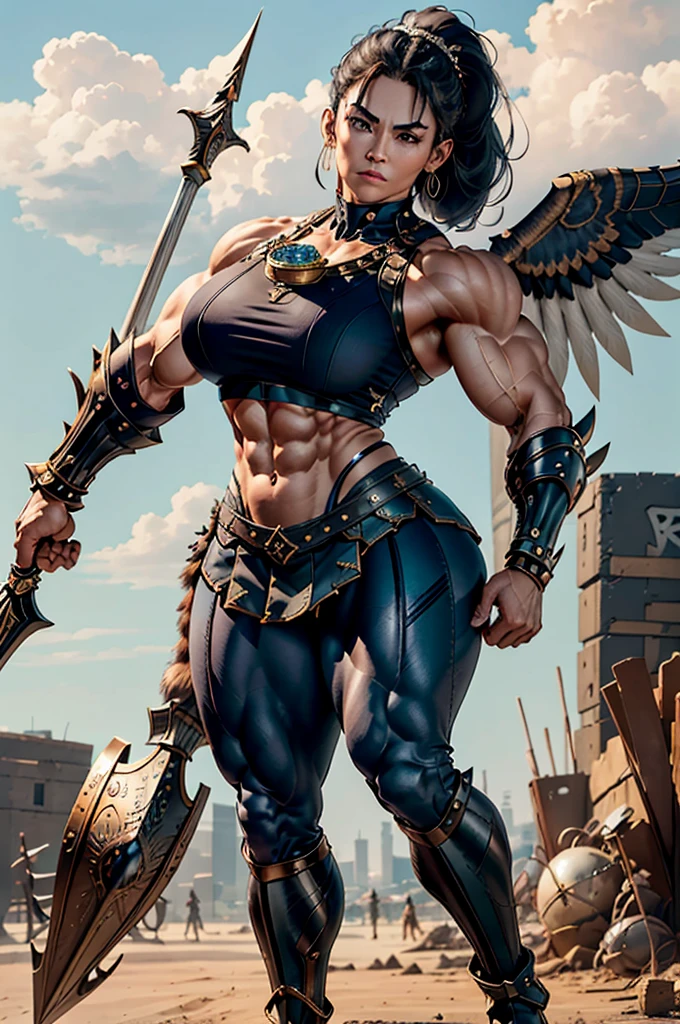 (Best lighting) , (Very intricate details) , 4K Integration, (Super fine CG: 1.2) , (8K: 1.2),(original), (masterpiece) , (Highest quality),(masterpiece:1.4),((Full images))、Photo quality,(masterpiece),masterpiece, Highest quality, Absurd,((Masterpiece, 4K, 8K, High resolution)),(masterpiece), (Highest quality), (Super detailed), (Very delicate and beautiful), ((Full body image 1:1.5)), 1 female, The face of a 40-year-old Western woman、A beautiful, well-balanced face、 ((A woman with a muscular body like a male bodybuilder)),((Huge muscular physique))、((A 200cm tall woman))、Giants Women、((Beautiful woman)),((Woman warrior)),45 year old mature woman, Wearing Valkyrie Metal Armor、((Metal armor that resembles a thick chest and abdominal muscles))、((Metal armor covering the upper body))、mini skirt、Valkyrie's Helmet、Very strong legs、((Long boots with pin heels))、((kneehigh boots))、Wields a large spear as long as his height、A spear weighing 60 kg、Medieval streetscape,Strength and elegance,Solemn atmosphere,((The Queen's Appearance))、((The Strongest Queen of Mankind))、(Huge muscular physique),((Protruding veins))、((A woman with a toned chest like a male bodybuilder))、Raised trapezius muscle、very thick neck、((Strong arms with bulging biceps))、A muscular chest、Six-pack、((Thick thighs with bulging muscles))、Exposed thighs、((Bicep-like calf muscles))、Overflowing with incredible strength、Muscles bulging out from under the force of force all over the body、Black Hair、ponytail、A commanding presence,Poses that show off their monstrous power,Model standing、Standing with dignity、Vibrant colors,Down to the smallest thread,Impressive level textures,Sharp focus,((A strong Valkyrie captain)),((A powerful Valkyrie captain)),