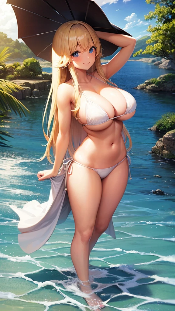 Girl, Big Breasts, Blonde, Long hair, white bikini, Smile, Ocean, full body,