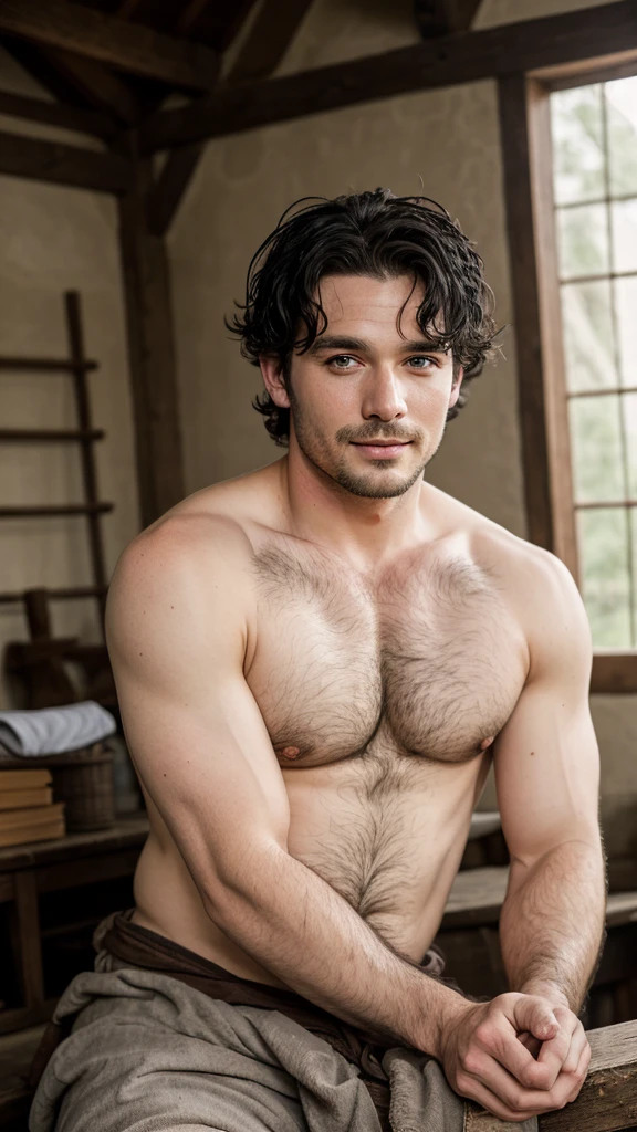 A sexy but innocent looking man, he is tired after work, he is dirty , 15th centuries ,wearing old and worn-out peasant clothes, handsome face, mediaeval period,black hair , homoerotic, , looking at camera, seductively,nsfw, homoerotic, penis