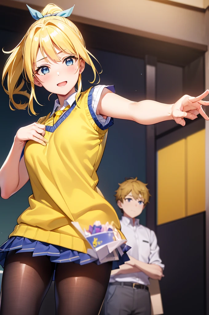Eri Aase, catalyst, Yellow Hair, blue eyes, ponytail, Hair Ribbon, break otonokizaka , pleated skirt, Large green ribbon tie, Short sleeve, skirt, Summer clothes, Sweater vest, (yellow Sweater vest:1.5), break looking at viewer, break indoors, classroom, break (masterpiece:1.2), Highest quality, High resolution, unity 8k wallpaper, (figure:0.8), (Beautiful attention to detail:1.6), (Perfect hands, Perfect Anatomy), Highly detailed face, Perfect lighting, Highly detailed CG, (Perfect hands, Perfect Anatomy), , (3D Face:1.1), (Shiny skin:1.5), (超High resolution intricate face details), (Facial skin pores:1.3), 超High resolution cloth texture, Big smile、Blushing、Open your mouth, Showing off her perfect legs