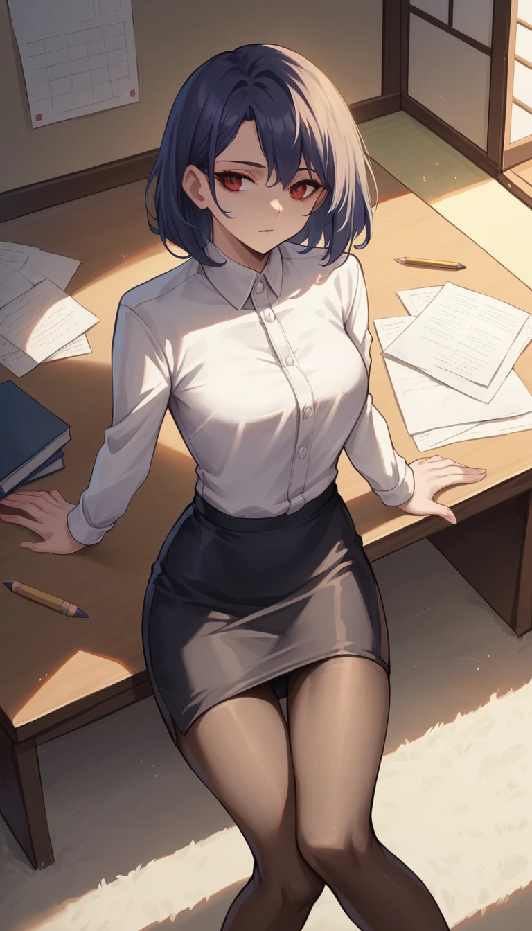 work of art, high resolution, face perfect, beauty of Japan, 30 years old, beautiful face, DESK, suIt ister sem mangas, Mini pencil skirt, pantyhose, embarrIt ised look, Look to the camera, high quality eyes, detailed texture, Look to the camera, mIt isdio , Married woman, cool women, Olhos de high resolution, rug, It is