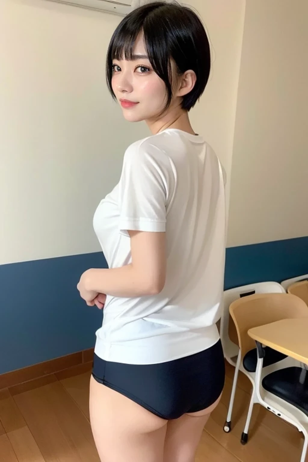 one girl, , 8k, RAW photo, best quality, masterpiece, realistic, photo-realistic, clear, professional lighting, BREAK, no makeup face, smile, shirt, solo, gym uniform, ブルマ, buruma, white shirt, BREAK, (short cut hair, small breasts:1.2), (looking back:1.2), (black eyes, black hair:1.2), full body, (classroom:1.2)