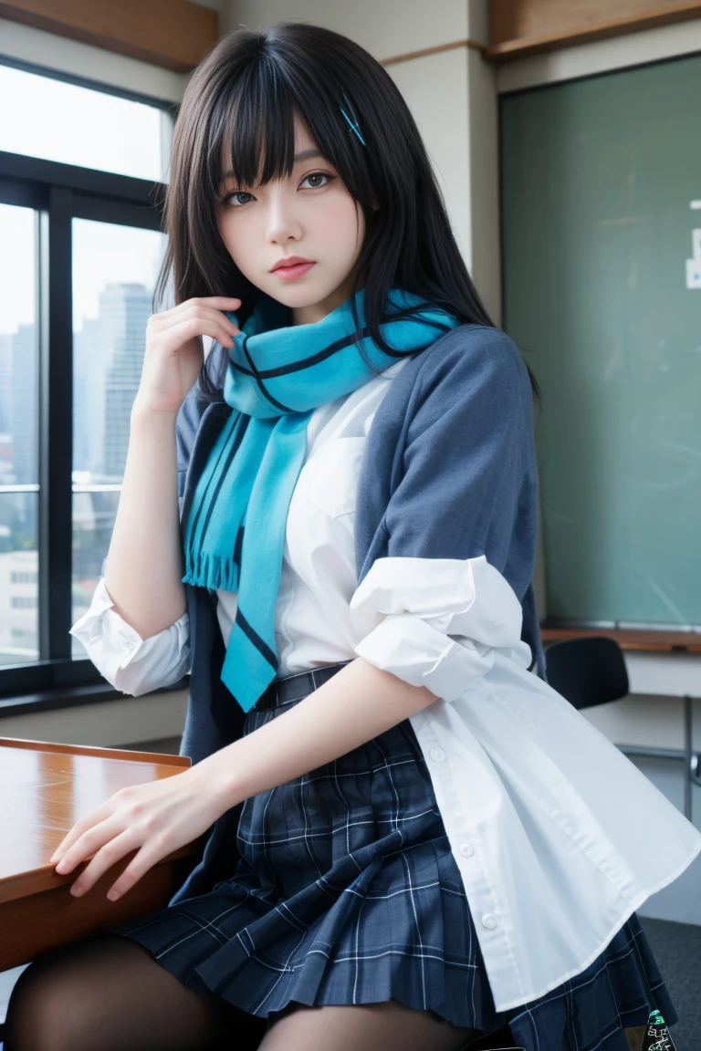 Highest quality, masterpiece,Ultra-high resolution,Clear Face,(reality:1.4),Ferpect Lighting,(Upper body photo), (Realistic:1.50), Anime Wallpaper, Gveiz style artwork, From hidden fantasy to magic , Jan J, Gveiz, Beautiful artwork illustration, Beautiful digital art, Beautiful digital illustrations, Lee Song, Beautiful anime portraits, Beauvo's Art Style, Blue Archive Shiroko, Animal ears, blue eyes, (Gray Hair:1.5), hair ornaments, Hair Clip, Halation, Medium Hair, Wolf Ear,
Blake Check Shirt, plaid skirt, , skirt, scarf,
Taking a break from watching the audience,
Indoor rest, classroom,