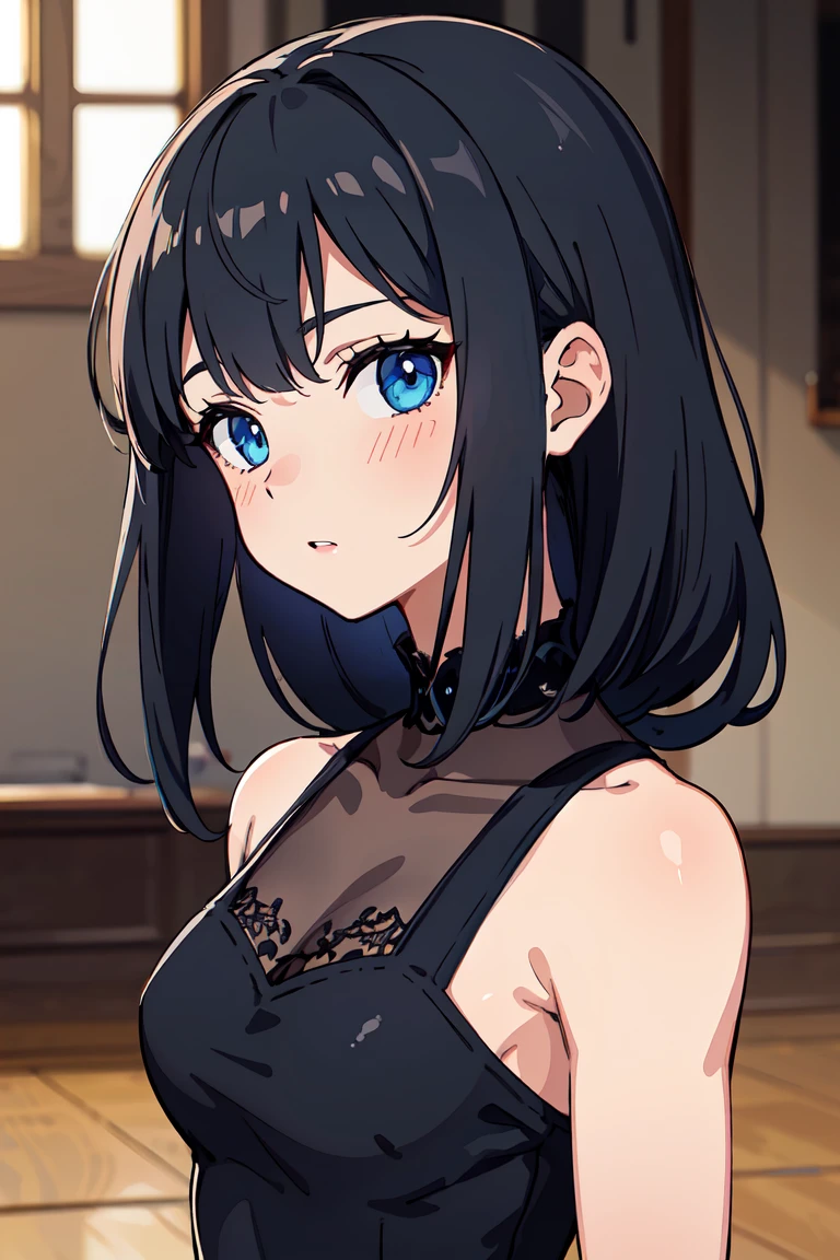 masterpiece, Highest quality, Highly detailed background, Perfect lighting, Highest quality, (Highly detailed face), Volumetric lighting, Intricate details, Shadow, Tone Mapping, Sharp focus, Super detailed, Trending on Art Station, (alone) ((Looking at the audience)), ((Character portrait)) .Girl with medium black  hair.  blue eyes. Curvy. blush, Transparent muscle.  whole body. ((black, Goth, casual, Clothes)) Gothic dressed 