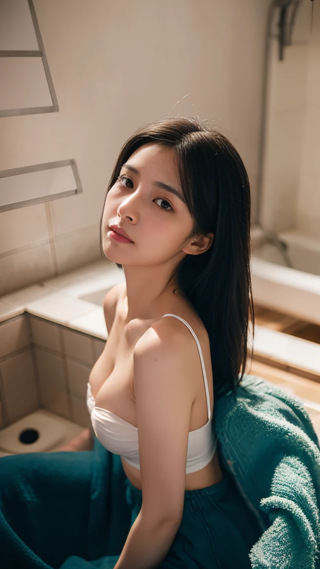 Super detailed, High resolution, Realistic, RAW Photos, ((Real person)), Detailed skin, (Delicate black eyes ), Soothing woman with droopy eyes, calm and calm, Mid-length hair, skinny, clothing, The wind is blowing, puppet、Drooping eye corners、Kind Face、30 years old, 、Long eyelashes, Portrait photography, photoRealistic, First Person View, masterpiece, Highest quality, High resolution, 4K、Solitary confinement、Fluorescent light、Cot、Sitting on the bed、Prostitute、Beautiful woman、Oversized shirt、Cleavage、barefoot、View the photographer、Glowing Skin、Bath towels piled up、Anatomically correct