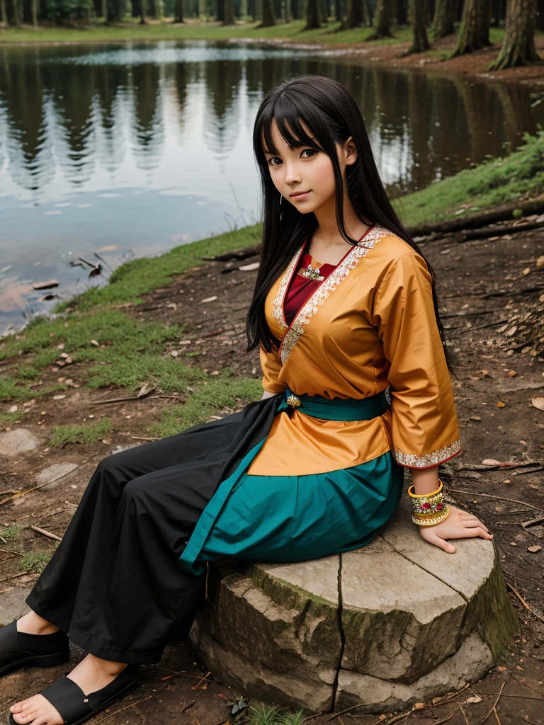 anime style girl sitting near the bornfire with traditional attire, lake, in the woods