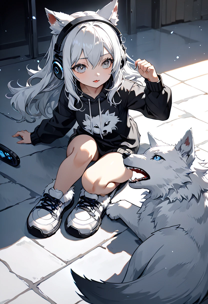 Highest quality, Super quality, 16K, Incredibly absurd, Very detailed, 2.5D, Delicate and dynamic depiction,Cute girl with headphones、Black and white wolf pet、