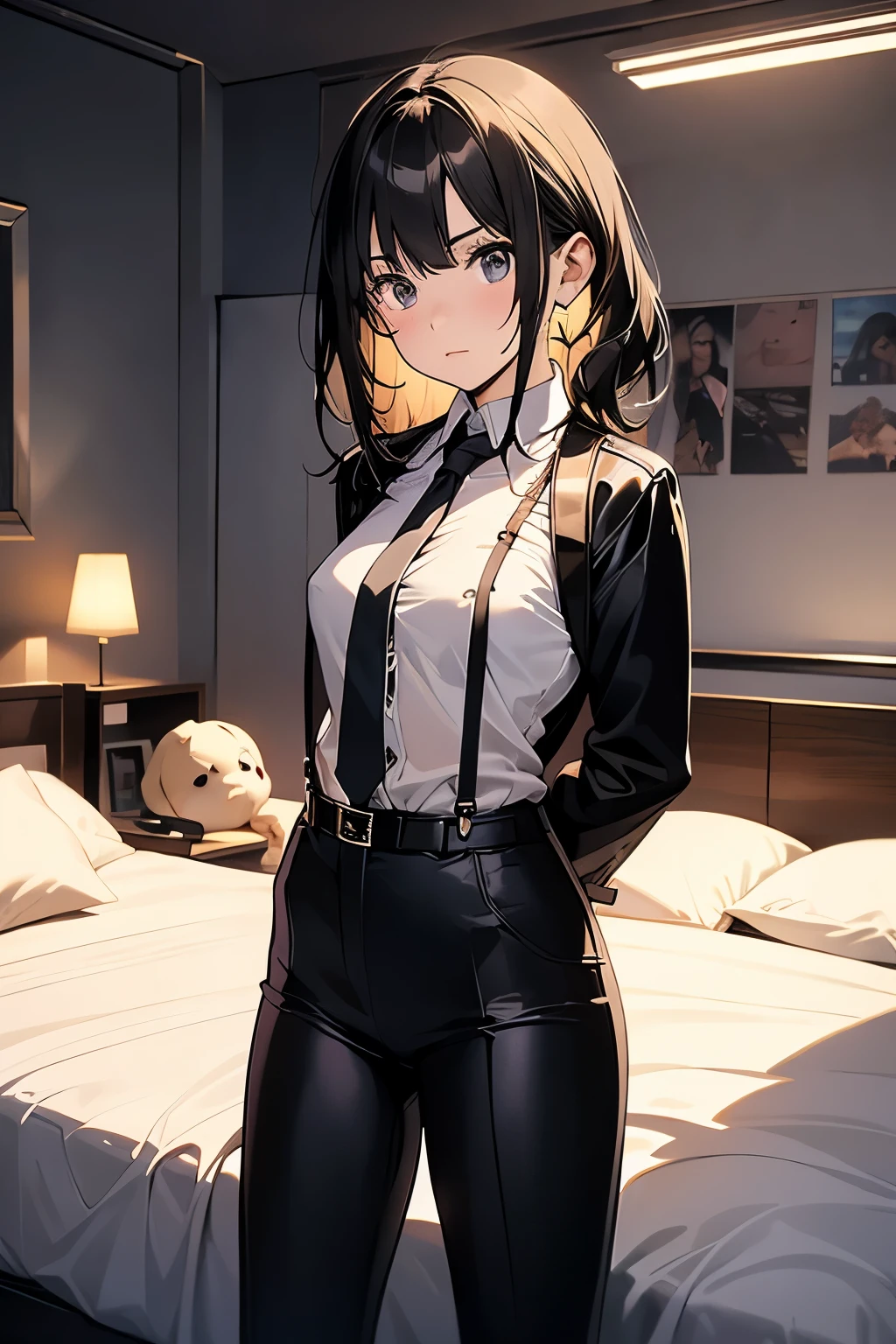1 female, , high quality, masterpiece, Ultra-high resolution, , Cinema Lighting, , , And the suspenders with the cranes flying　　　Moderate breasts　 　 　　　　Small face　 　　　holster　　　　　　　 Lying in bed　Looking up　　　　Sweat 　　　belt　summer　脇Sweat 　Black Hole Gloves　suit　shirt　　Black jacket　 Black trousers　Leg Links　ズボンにbelt　　holster　 　　Hands behind your back　 Anxious expression　Looking up　Anxious face, legs apart　