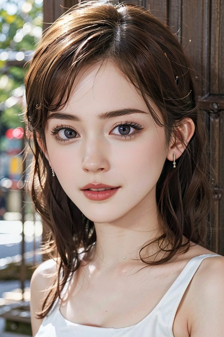 (Preserve face images), pale face:1.3、Super thin face:1.3, (very big eyes:1.5)、 (blown eyes:1.5), master piece、8K, {highest quality}, {{masterpiece}}, {very delicate and beautiful}, outstanding light and shadow, highly detailed wallpaper, clear and bright sunlight, (((Full body))), 1 girl, blush、(薄い茶Farbeの髪), strong sunlight, ((a strong light shines on your face)), Farbe々A pose:1.5, necklace、ring、earrings、Relaxed fit Tencel lyocell romper、Plant-based patent leather belt、Cork platform espadrilles、Recycled nylon hobo sustainable straws Toothless smile:1,5),  Drinking coffee in a cafe in Shibuyaのオープンカフェ：1.3