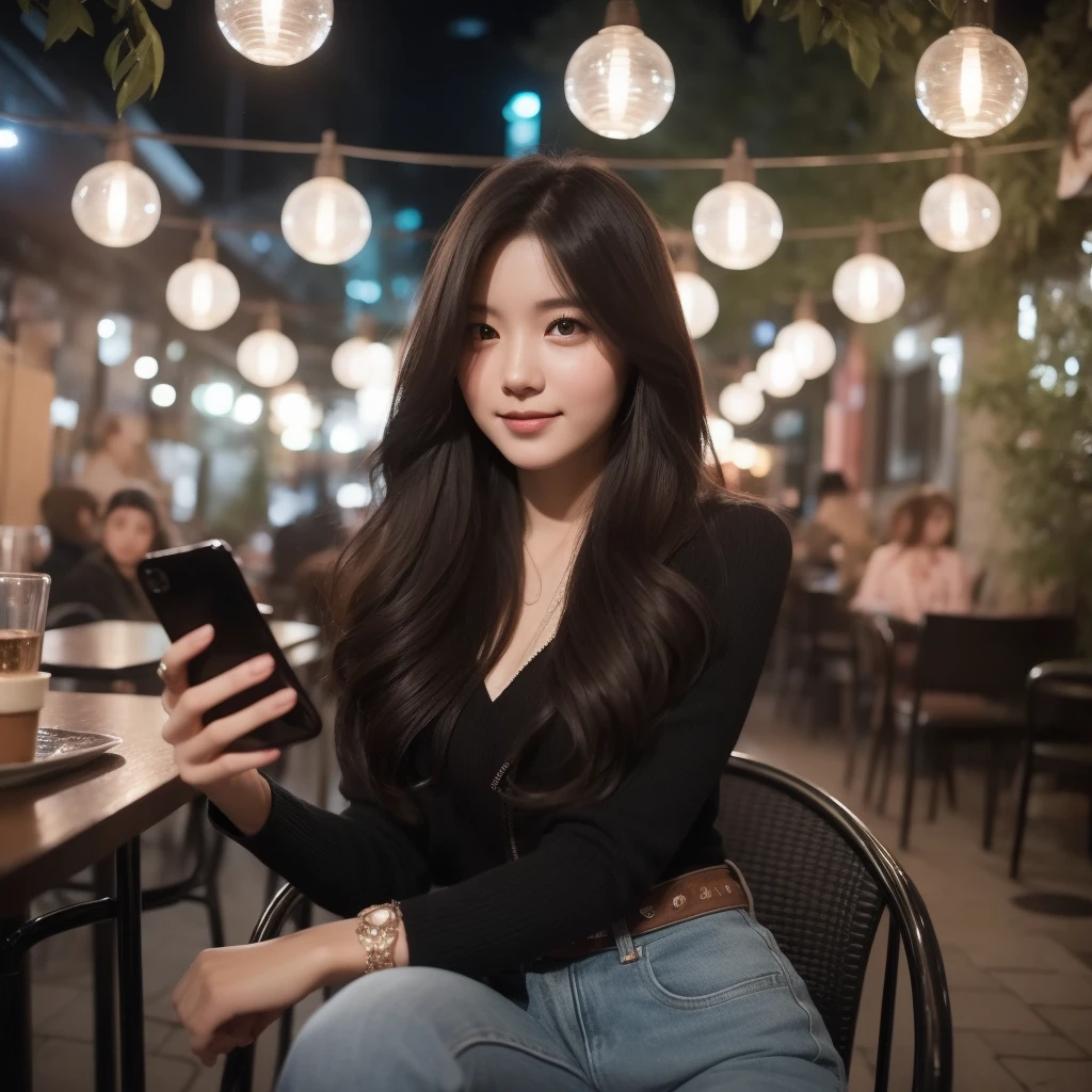 A beautiful woman aged 20 years, long hair, black, full body, use , jacket levis, Wear casual clothes, was sitting on a cafe chair, holding an iPhone, decorated with cafe lights, looking forward, faint smile, cafe courtyard background, in the evening, very detailed 8k