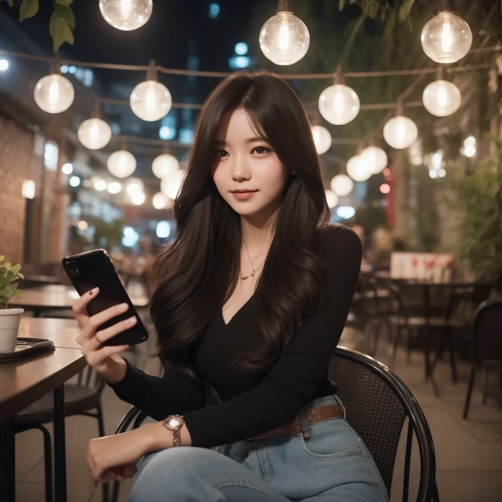 A beautiful woman aged 20 years, long hair, black, full body, use , jacket levis, Wear casual clothes, was sitting on a cafe chair, holding an iPhone, decorated with cafe lights, looking forward, faint smile, cafe courtyard background, in the evening, very detailed 8k